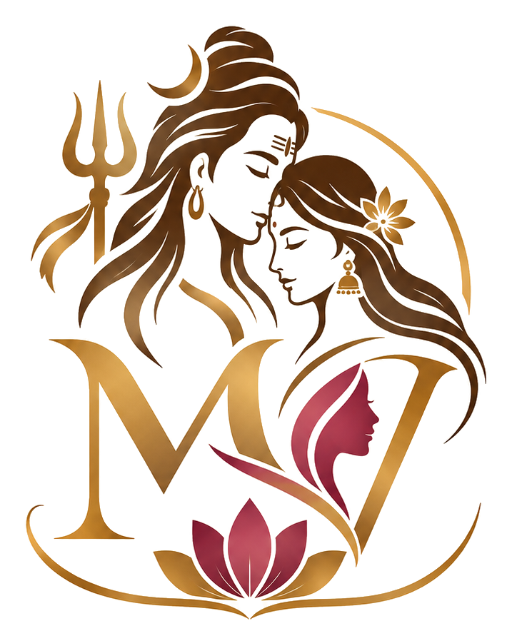 Manu Vardhini Foundation Divine Empowerment Emblem featuring Shiva-Parvati, MV Monogram, Empowered Woman Silhouette, and Sacred Blooming Lotus